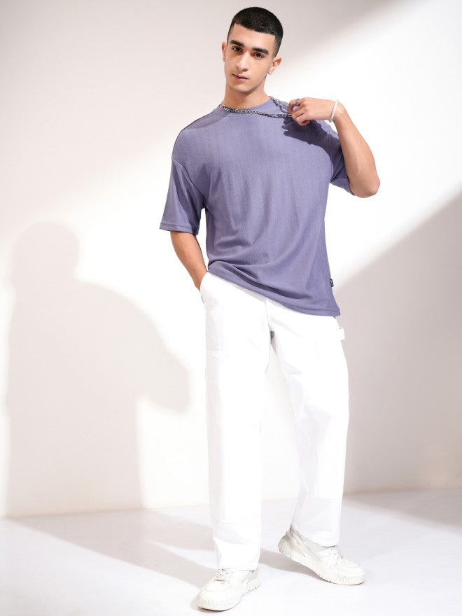 Highlander Men Purple Self Design Round Neck Oversized Fit T-Shirt - Purple - Image 2