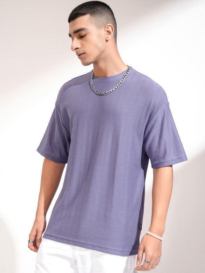 Highlander Men Purple Self Design Round Neck Oversized Fit T-Shirt - Purple - Image 4