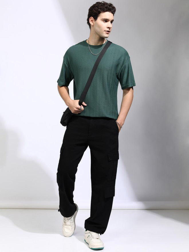 Highlander Men Teal Self Design Round Neck Oversized Fit T-Shirt - Teal - Image 2