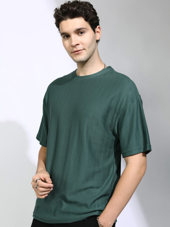 Highlander Men Teal Self Design Round Neck Oversized Fit T-Shirt - Teal - Image 4