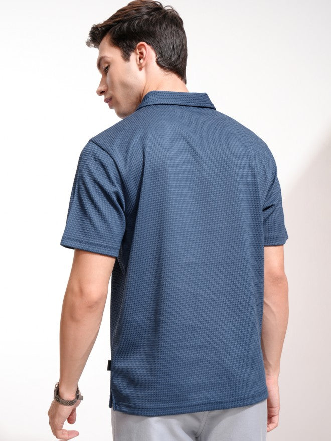 Highlander Men Blue Self Design Polo Collar T-Shirt - Blue - Image 3