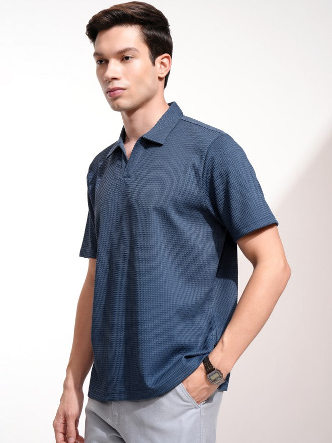 Highlander Men Blue Self Design Polo Collar T-Shirt - Blue - Image 4