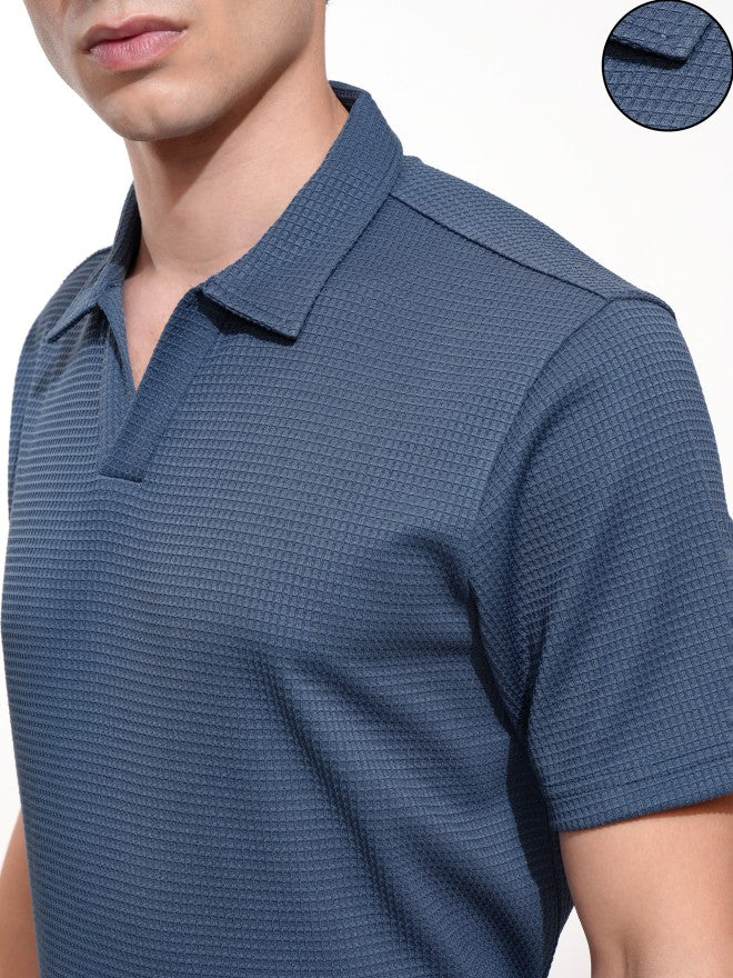 Highlander Men Blue Self Design Polo Collar T-Shirt - Blue - Image 5