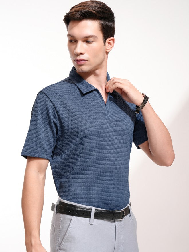 Highlander Men Blue Self Design Polo Collar T-Shirt - Blue - Image 6