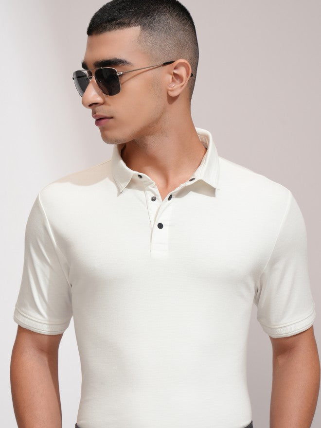 Highlander Men White Solid Polo Collar T-Shirt - White - Image 1