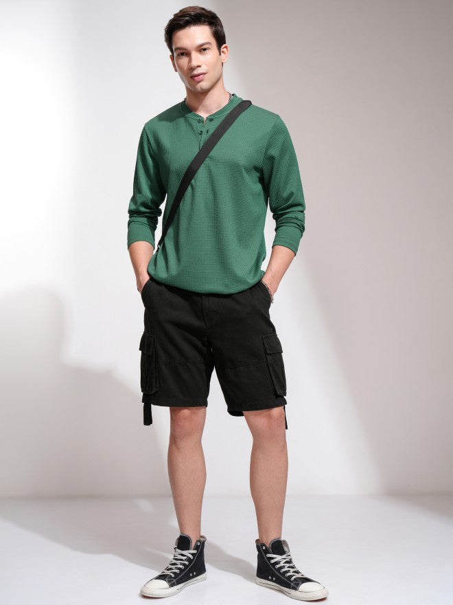 Highlander Men Teal Self Design Henley Neck T-Shirt - Teal - Image 2