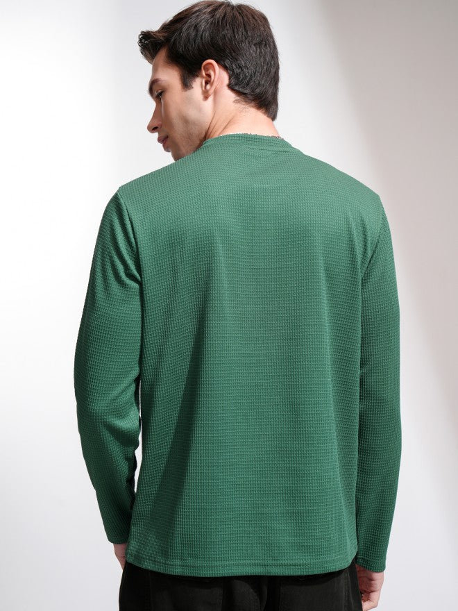 Highlander Men Teal Self Design Henley Neck T-Shirt - Teal - Image 3