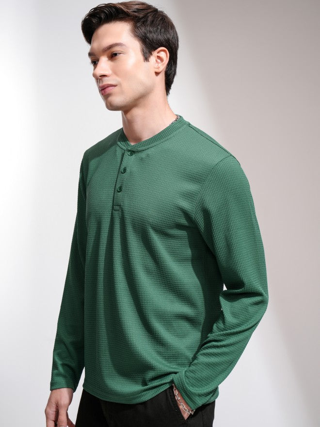 Highlander Men Teal Self Design Henley Neck T-Shirt - Teal - Image 4