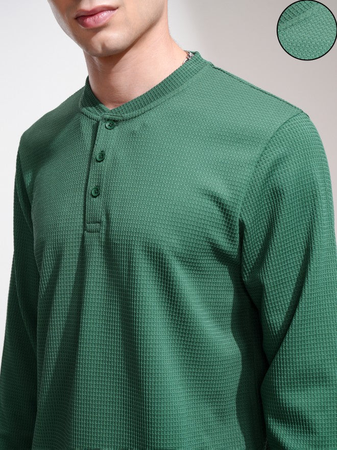 Highlander Men Teal Self Design Henley Neck T-Shirt - Teal - Image 5