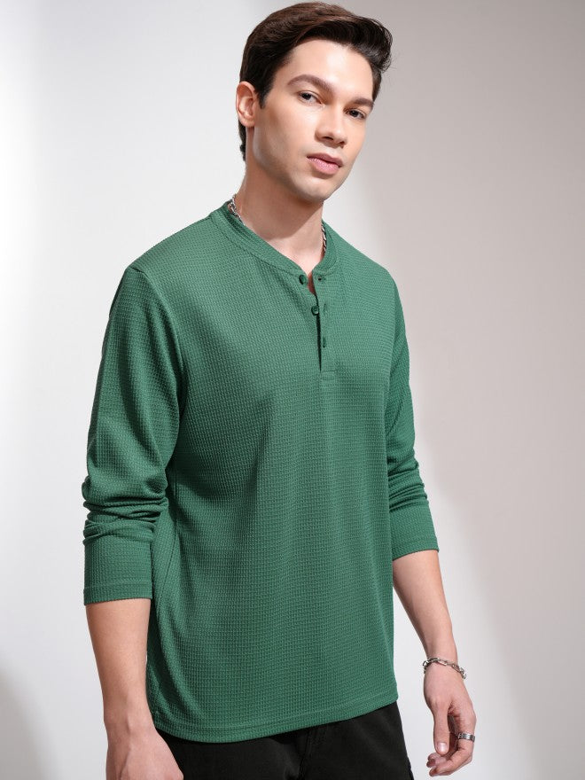 Highlander Men Teal Self Design Henley Neck T-Shirt - Teal - Image 6