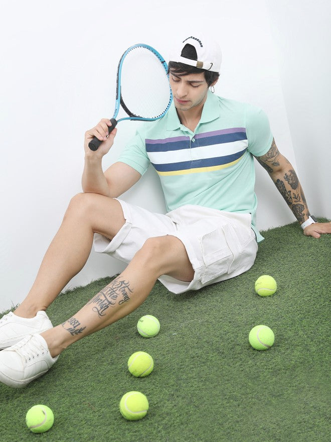 Highlander Men Sea Green Polo Collar Striped Polo Collar T-Shirt - Sea Green - Image 1