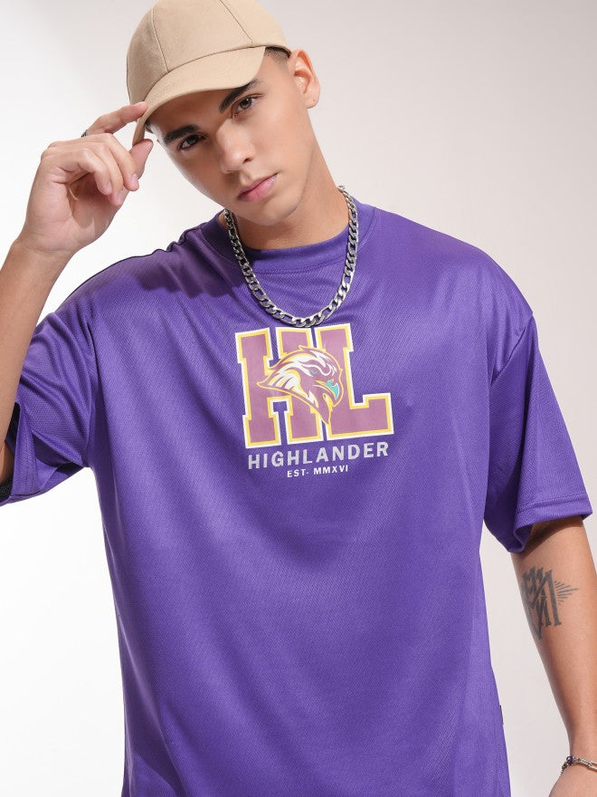 Highlander Men Purple Printed Round Neck Oversized Fit T-Shirt - Purple - Image 1
