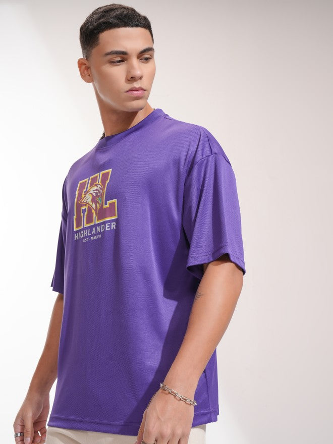 Highlander Men Purple Printed Round Neck Oversized Fit T-Shirt - Purple - Image 4