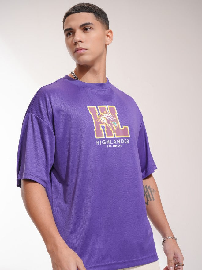 Highlander Men Purple Printed Round Neck Oversized Fit T-Shirt - Purple - Image 6