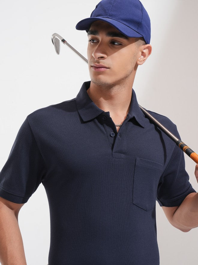 Highlander Men Navy Blue Solid Polo Collar T-Shirt - Navy Blue - Image 1