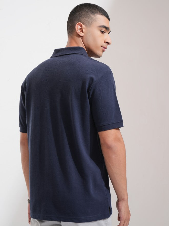 Highlander Men Navy Blue Solid Polo Collar T-Shirt - Navy Blue - Image 3