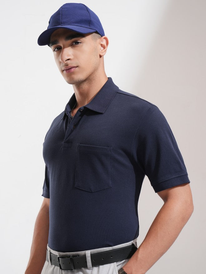 Highlander Men Navy Blue Solid Polo Collar T-Shirt - Navy Blue - Image 4