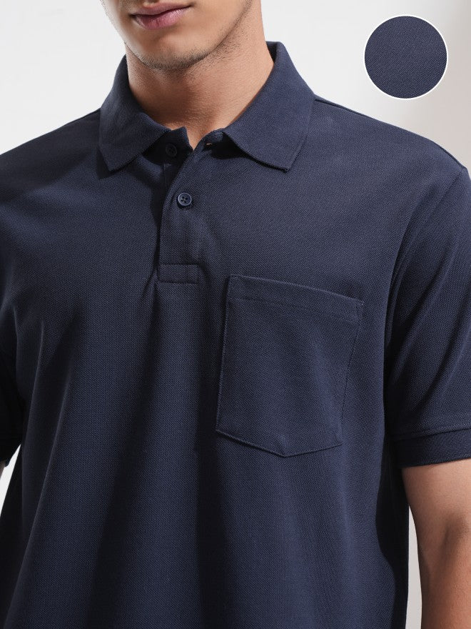 Highlander Men Navy Blue Solid Polo Collar T-Shirt - Navy Blue - Image 5