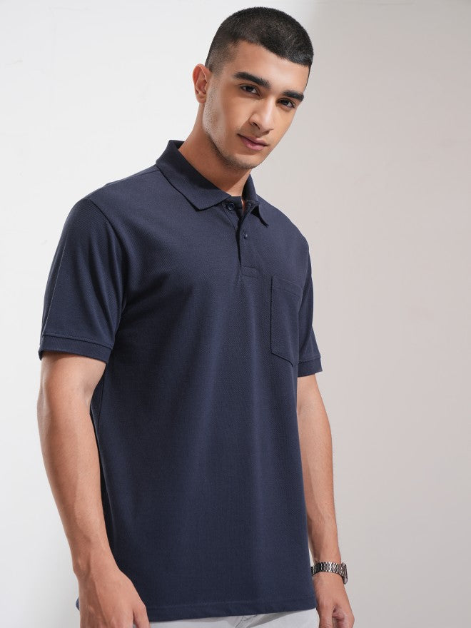 Highlander Men Navy Blue Solid Polo Collar T-Shirt - Navy Blue - Image 6