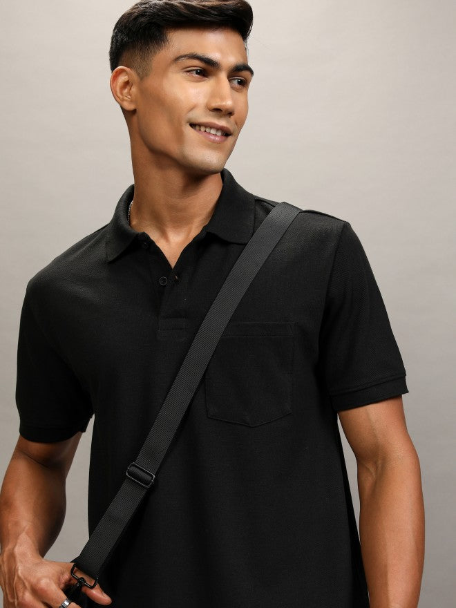 Highlander Men Black Solid Polo Collar T-Shirt - Black - Image 1