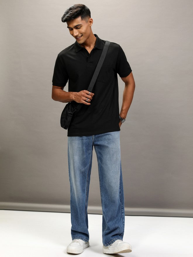 Highlander Men Black Solid Polo Collar T-Shirt - Black - Image 2