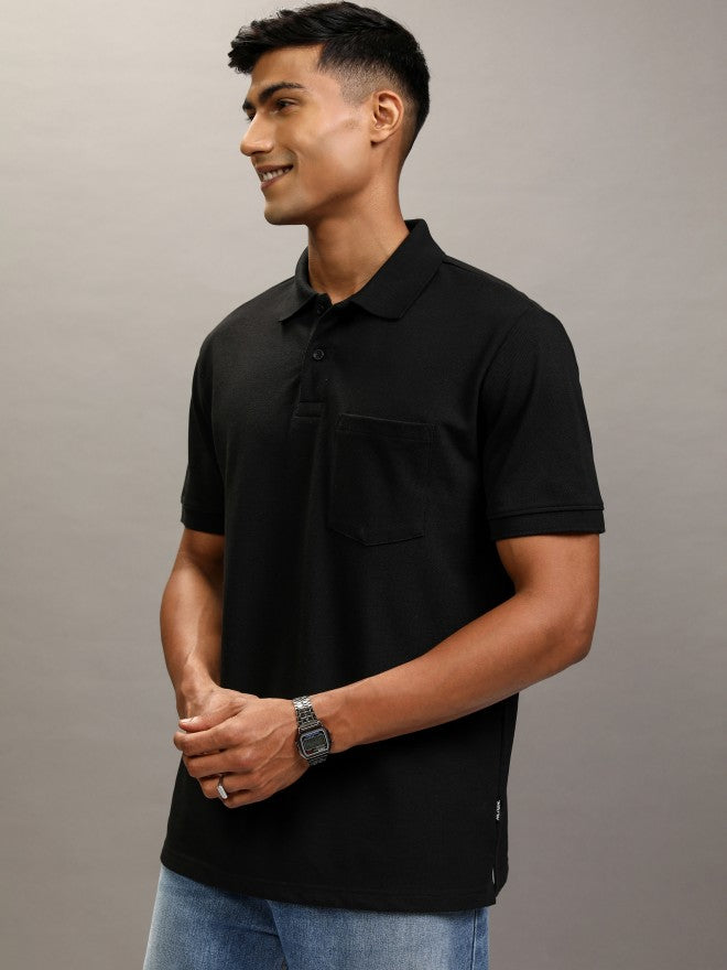 Highlander Men Black Solid Polo Collar T-Shirt - Black - Image 4