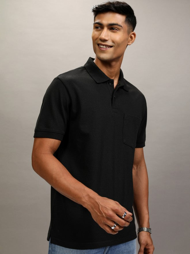 Highlander Men Black Solid Polo Collar T-Shirt - Black - Image 6