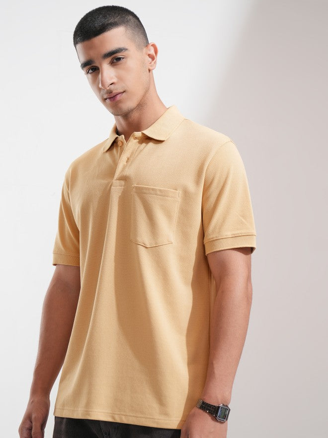 Highlander Men Beige Solid Polo Collar T-Shirt - Beige - Image 4