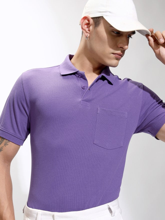 Highlander Men Purple Self Design Polo Collar T-Shirt - Purple - Image 1