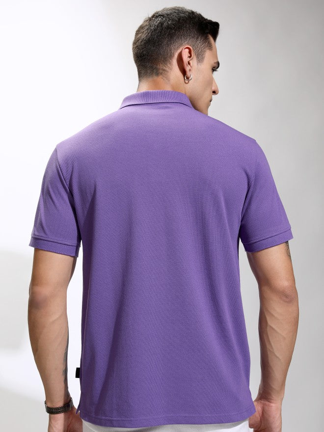 Highlander Men Purple Self Design Polo Collar T-Shirt - Purple - Image 3