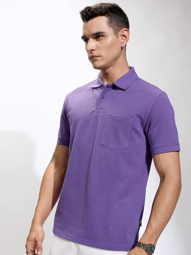 Highlander Men Purple Self Design Polo Collar T-Shirt - Purple - Image 4