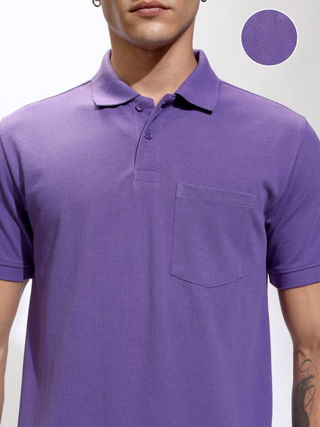 Highlander Men Purple Self Design Polo Collar T-Shirt - Purple - Image 5