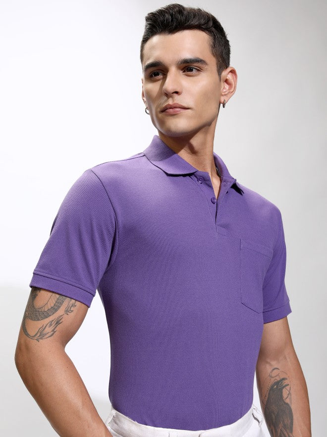 Highlander Men Purple Self Design Polo Collar T-Shirt - Purple - Image 6