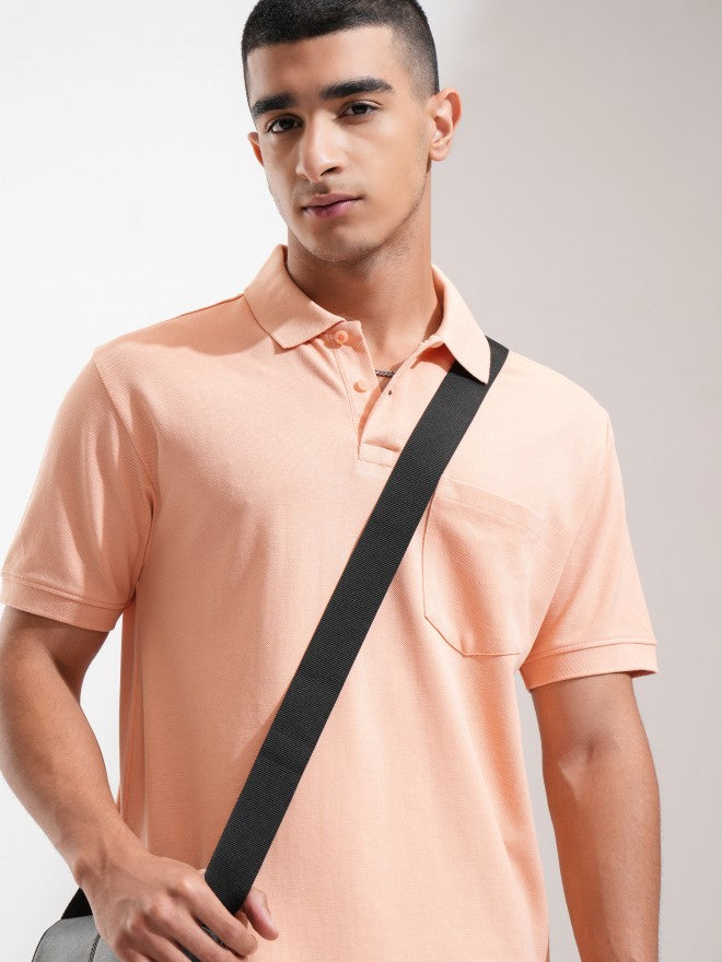 Highlander Men Coral Solid Polo Collar T-Shirt - Coral - Image 1