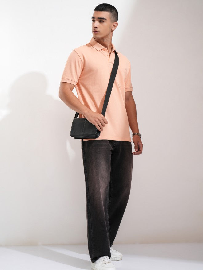 Highlander Men Coral Solid Polo Collar T-Shirt - Coral - Image 2
