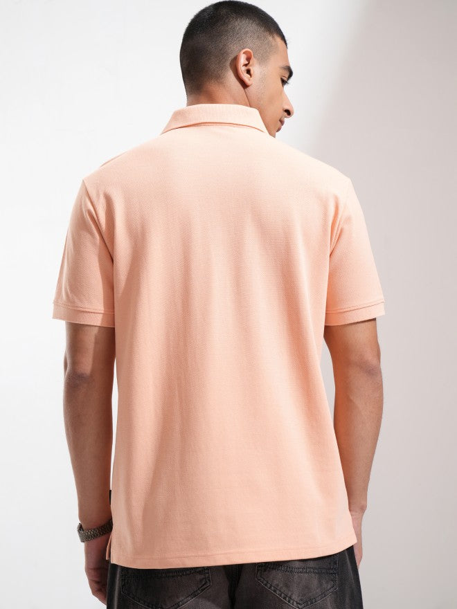 Highlander Men Coral Solid Polo Collar T-Shirt - Coral - Image 3