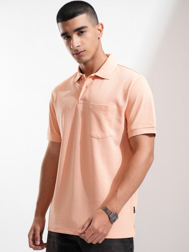 Highlander Men Coral Solid Polo Collar T-Shirt - Coral - Image 4