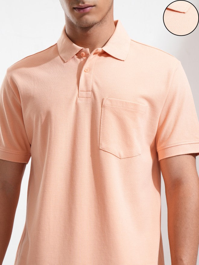 Highlander Men Coral Solid Polo Collar T-Shirt - Coral - Image 5