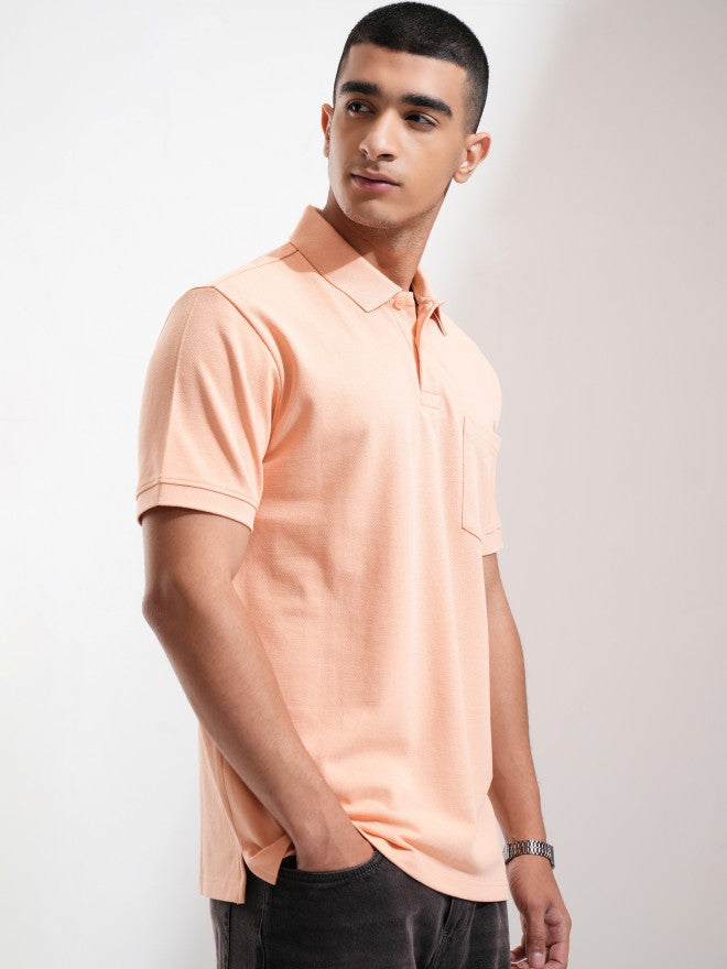 Highlander Men Coral Solid Polo Collar T-Shirt - Coral - Image 6