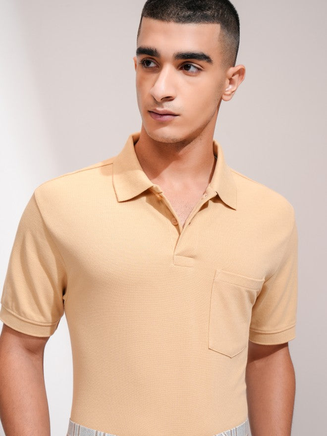 Highlander Men Beige Solid Polo Collar T-Shirt - Beige - Image 1