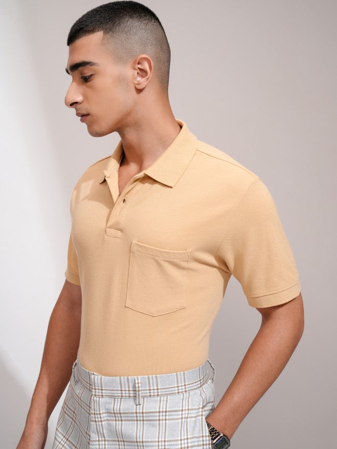 Highlander Men Beige Solid Polo Collar T-Shirt - Beige - Image 4
