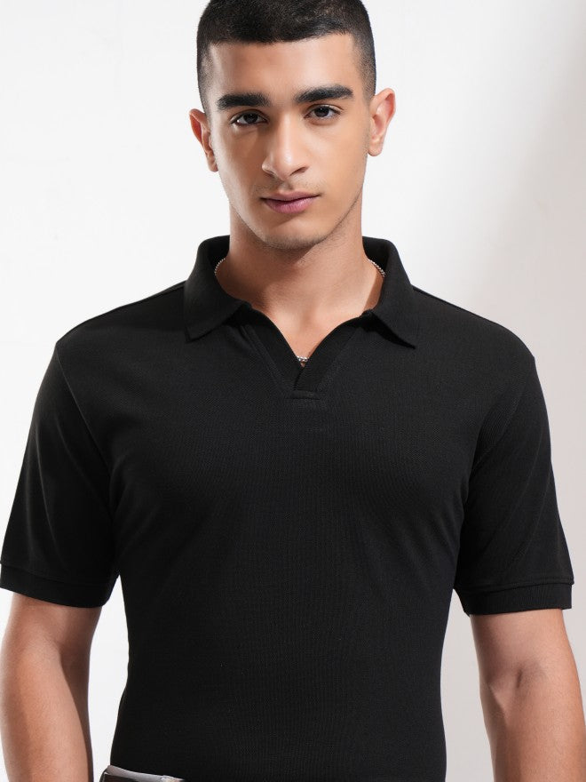 Highlander Men Black Solid Polo Collar T-Shirt - Black - Image 1