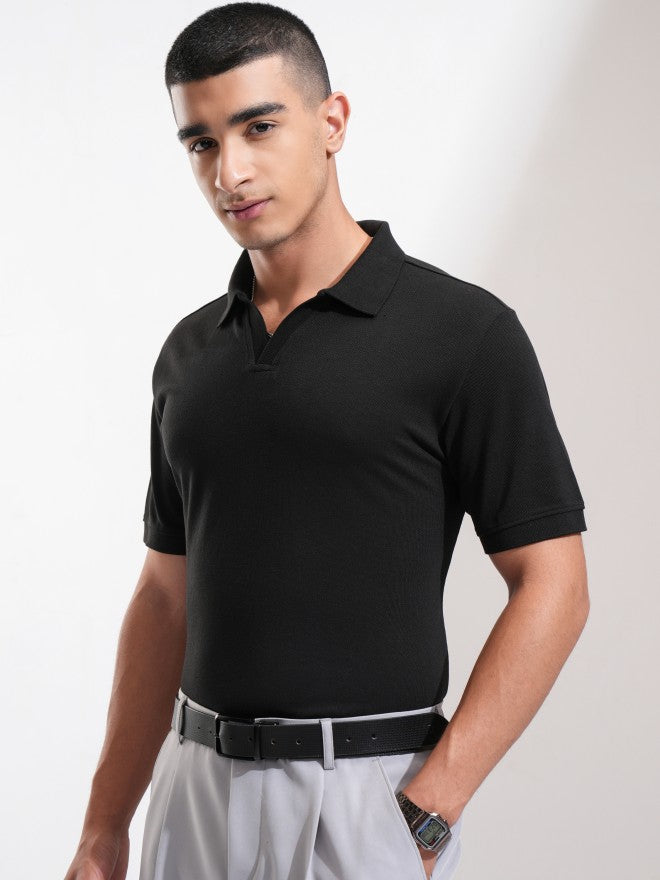Highlander Men Black Solid Polo Collar T-Shirt - Black - Image 4