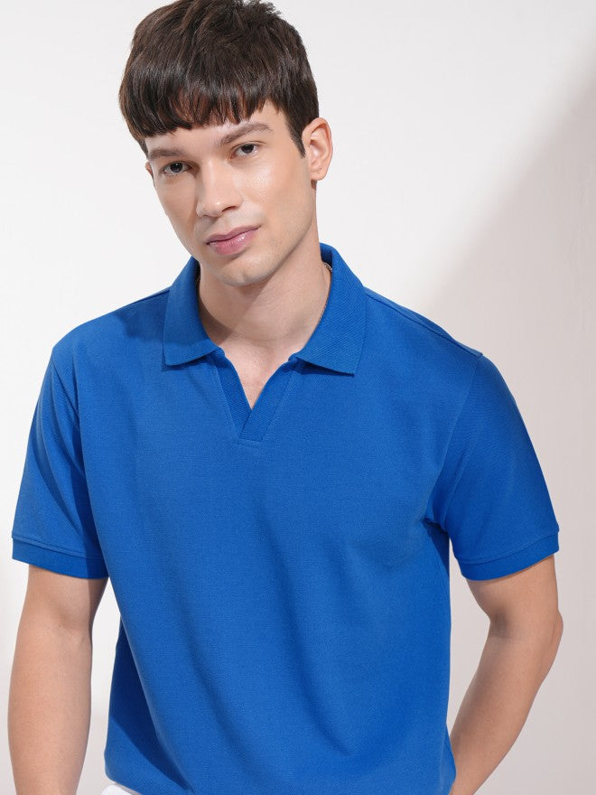 Highlander Men Blue Self Design Polo Collar T-Shirt - Blue - Image 1