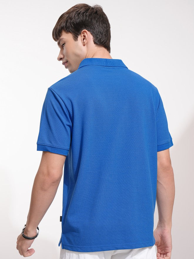 Highlander Men Blue Self Design Polo Collar T-Shirt - Blue - Image 3