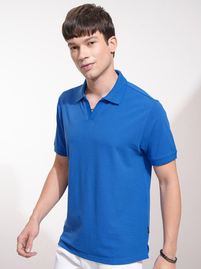 Highlander Men Blue Self Design Polo Collar T-Shirt - Blue - Image 4