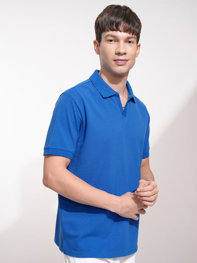 Highlander Men Blue Self Design Polo Collar T-Shirt - Blue - Image 6