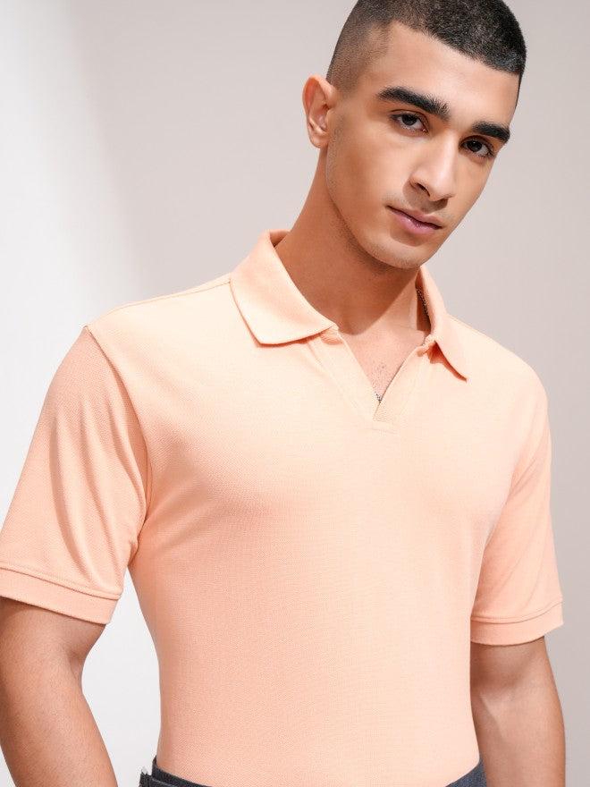 Highlander Men Coral Solid Polo Collar T-Shirt - Coral - Image 1
