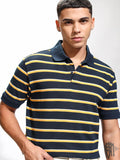 Highlander Men Navy Blue Striped Polo Collar T-Shirt - Navy Blue - Image 1