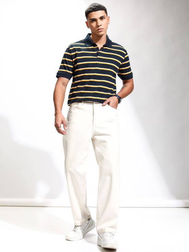 Highlander Men Navy Blue Striped Polo Collar T-Shirt - Navy Blue - Image 2